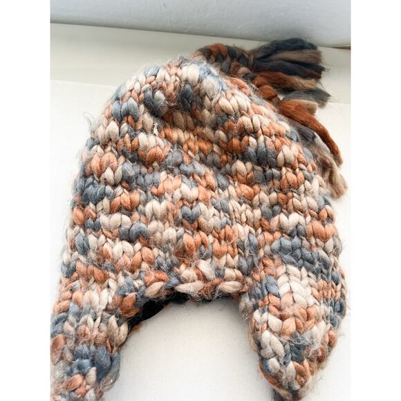 Burton Knit Earflap Hat Beanie Tie Chunky Knit Snowboard Brown Gray - Picture 4 of 7